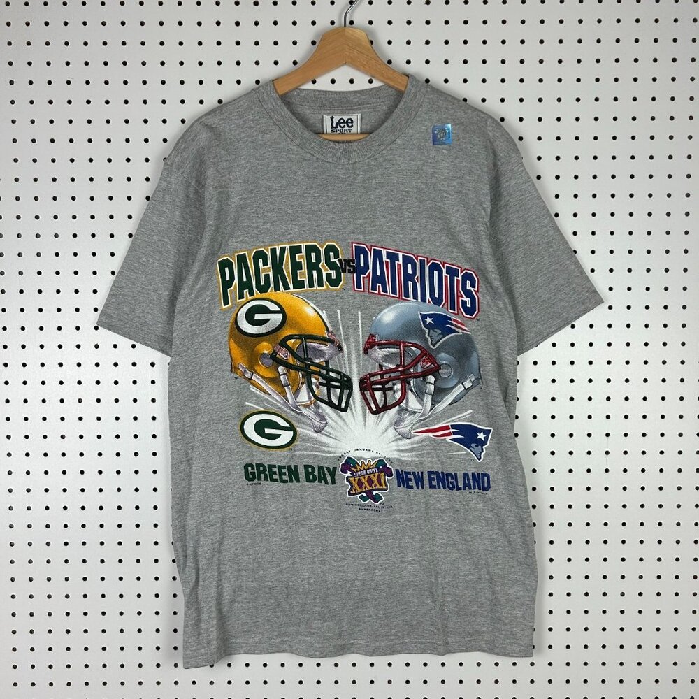 Packers vs Patriots Super Bowl T Shirt Medium NWT Oldstock Gray Lee Graphic XXXI
